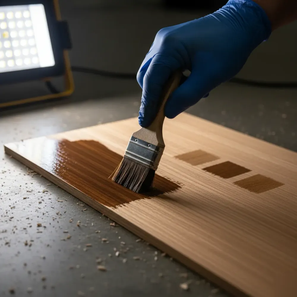 Close-up of timber floor stain colour matching test patches on rimu floorboards Auckland