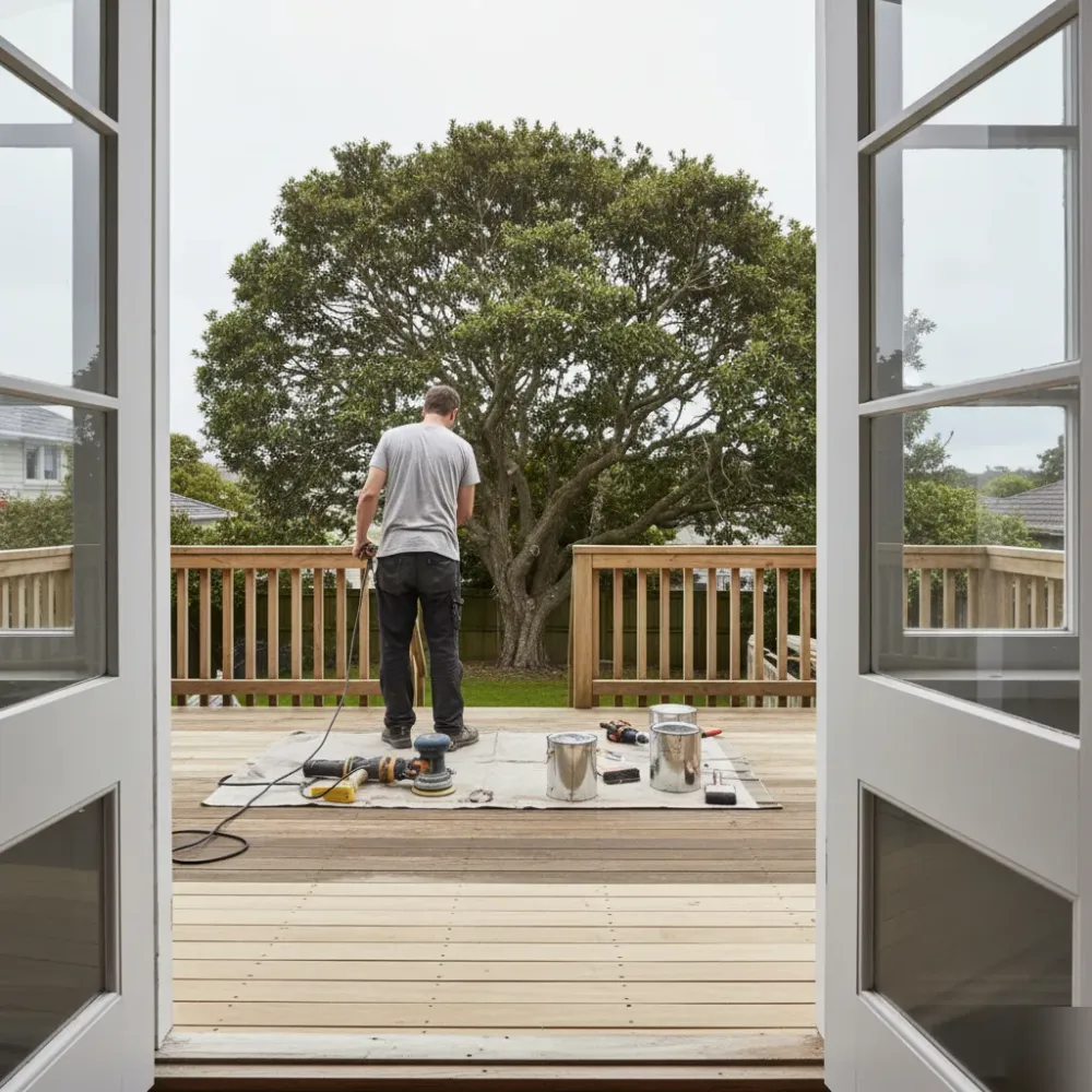 Floor staining preparation at Auckland residential property with timber floors and deck
