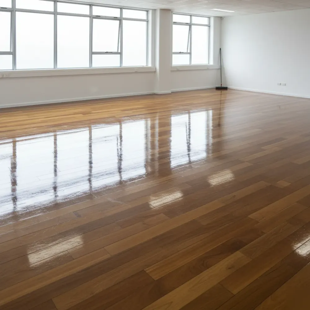 Freshly polished timber floor reflecting ceiling light in an empty Auckland room