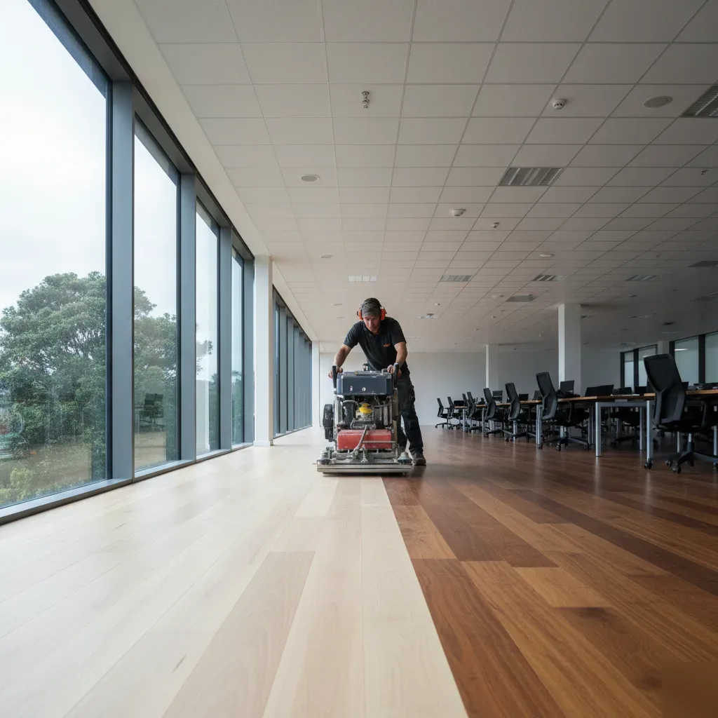 Floor sander pushes a drum sanding machine across a wide-plank rimu timber floor in an Auckland commercial office space,