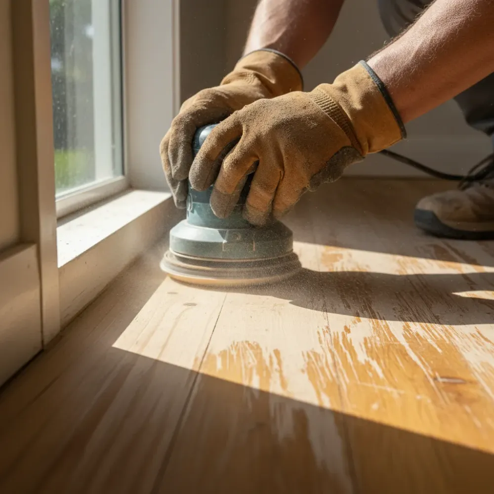 Gloved hands pressing an orbital edge sander along the skirting board of a kauri timber floor, with fine dust and deep