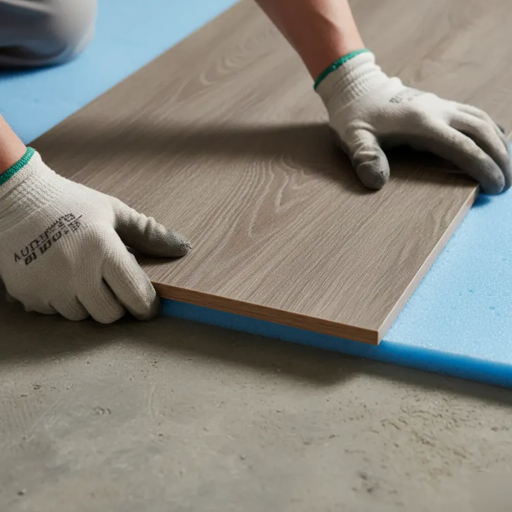 Hands pressing an engineered timber plank into a floating floor click-lock joint over foam underlay on a concrete subfloor.