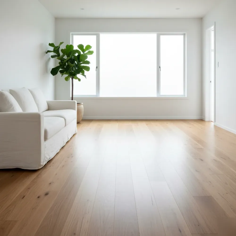 Freshly installed wide-plank oak floors in a renovated Auckland bungalow living room under diffused natural daylight.