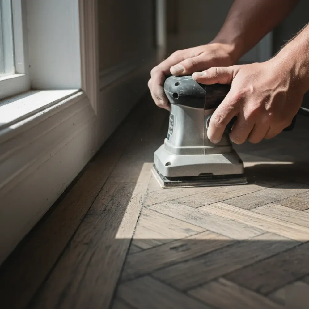 Hands guiding an edge sander along discoloured parquet floor blocks where grey-black staining is visible between joints.