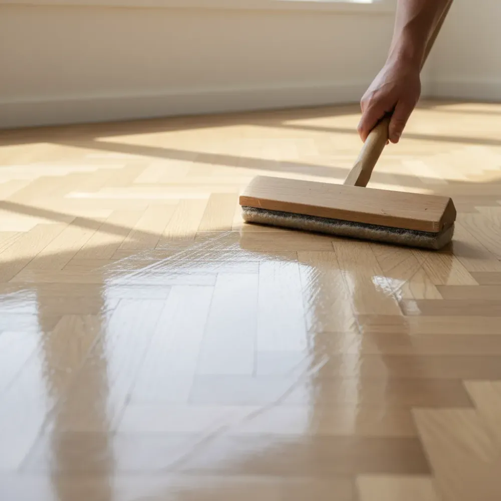 Hands spreading clear floor polish with a lambswool applicator pad across a freshly sanded herringbone parquet floor.