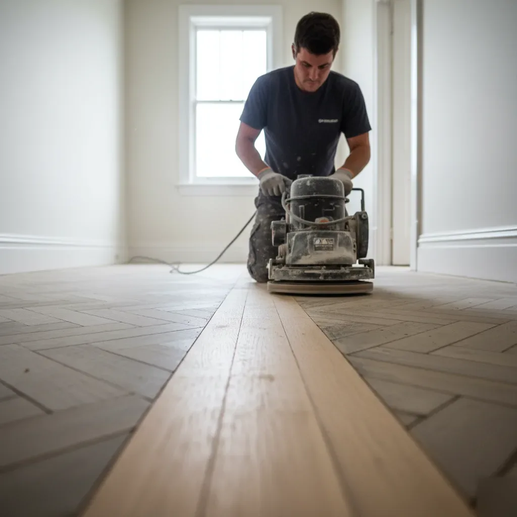 Person operating a drum floor sander on a worn herringbone parquet floor inside an Auckland villa hallway.