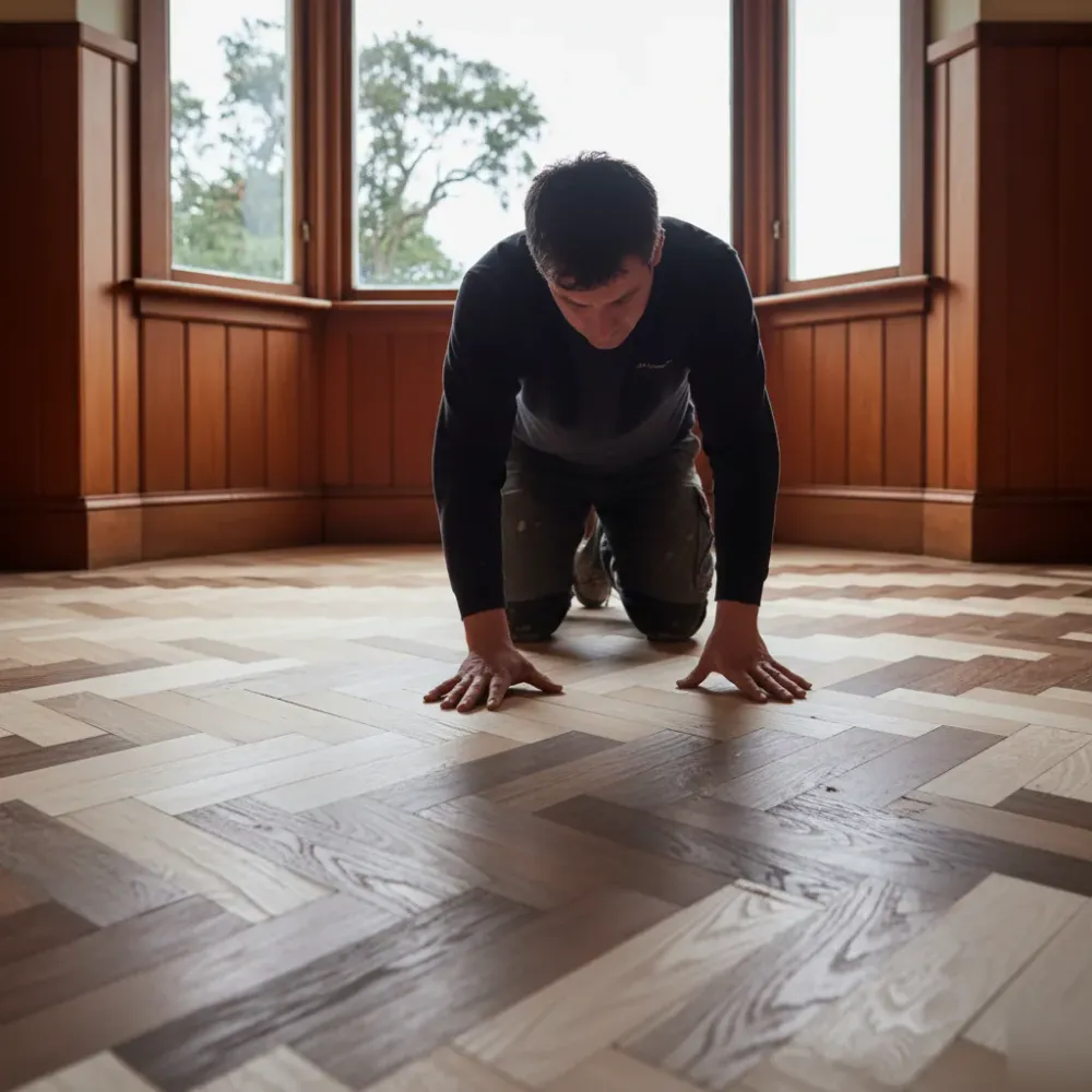 Person crouches to inspect a herringbone parquet floor surface inside an Auckland character home with a bay window.