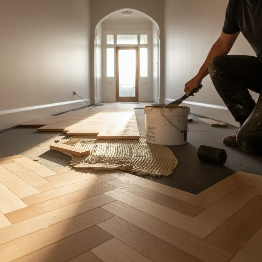 Person laying a herringbone rimu parquetry floor pattern in an Auckland hallway with afternoon sunlight from a glazed fr.