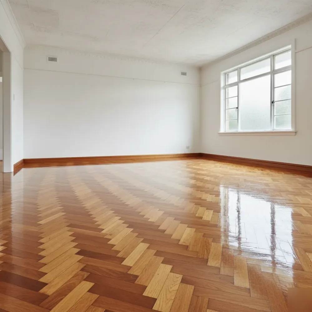 Freshly polished herringbone parquet floor reflects afternoon daylight in an Auckland bungalow living room.
