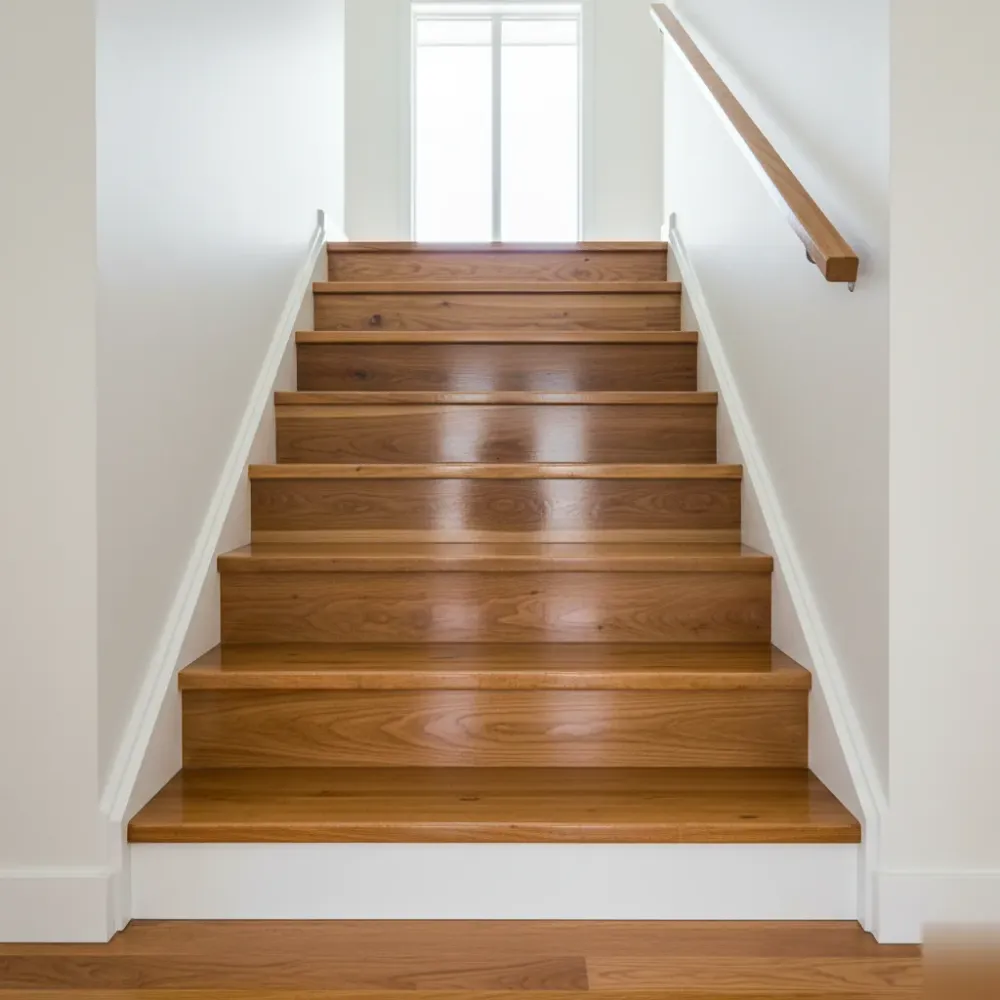 Freshly polished timber staircase with satin finish inside an Auckland bungalow showing warm amber wood grain.