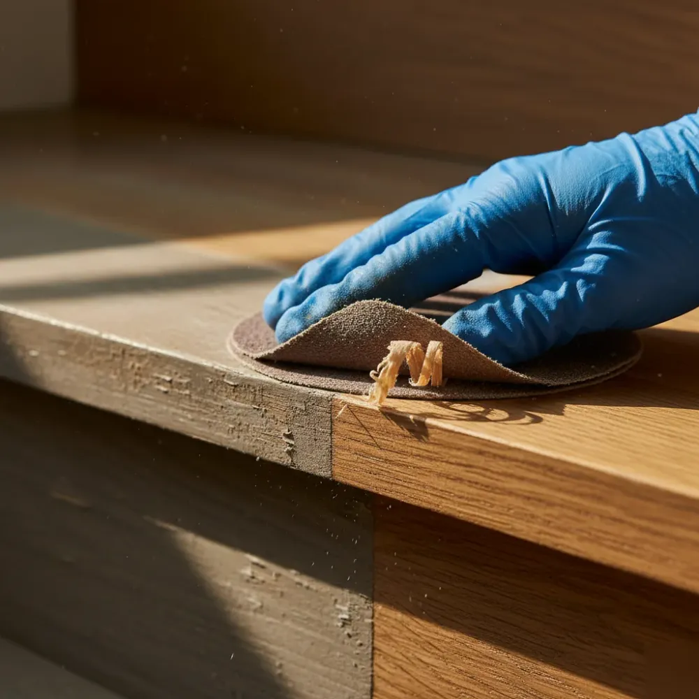 Close-up of orbital sander on timber stair tread edge showing contrast between worn and freshly sanded wood surface.