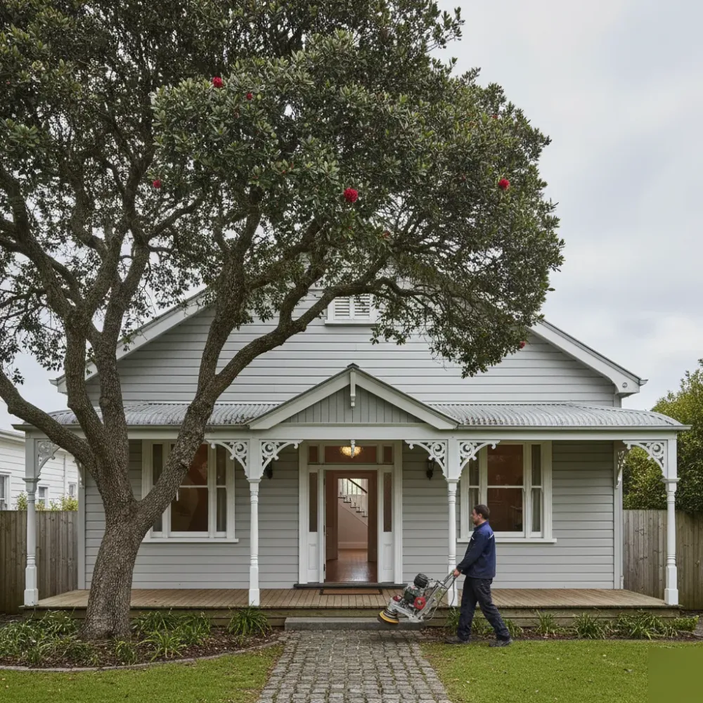 Auckland villa exterior with pohutukawa tree and open front door revealing freshly polished timber staircase inside hallway.