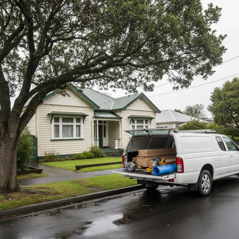 Ute loaded with timber flooring boards parked outside a classic weatherboard Auckland bungalow on a suburban street.