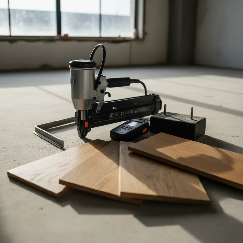 Floor installation tools including a nailer, pull bar, and timber plank samples arranged on a concrete subfloor.