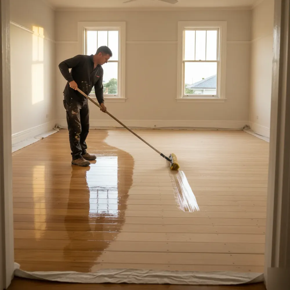 Person applying satin polyurethane finish to sanded Kauri floorboards in an Auckland villa bedroom using a lambswool app.