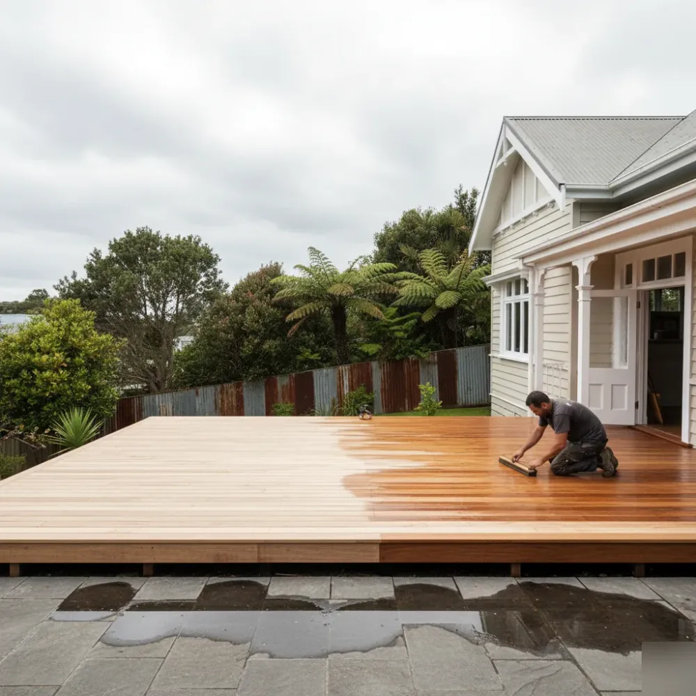 Person oiling a large elevated kwila deck attached to an Auckland weatherboard villa under an overcast sky, with native bush