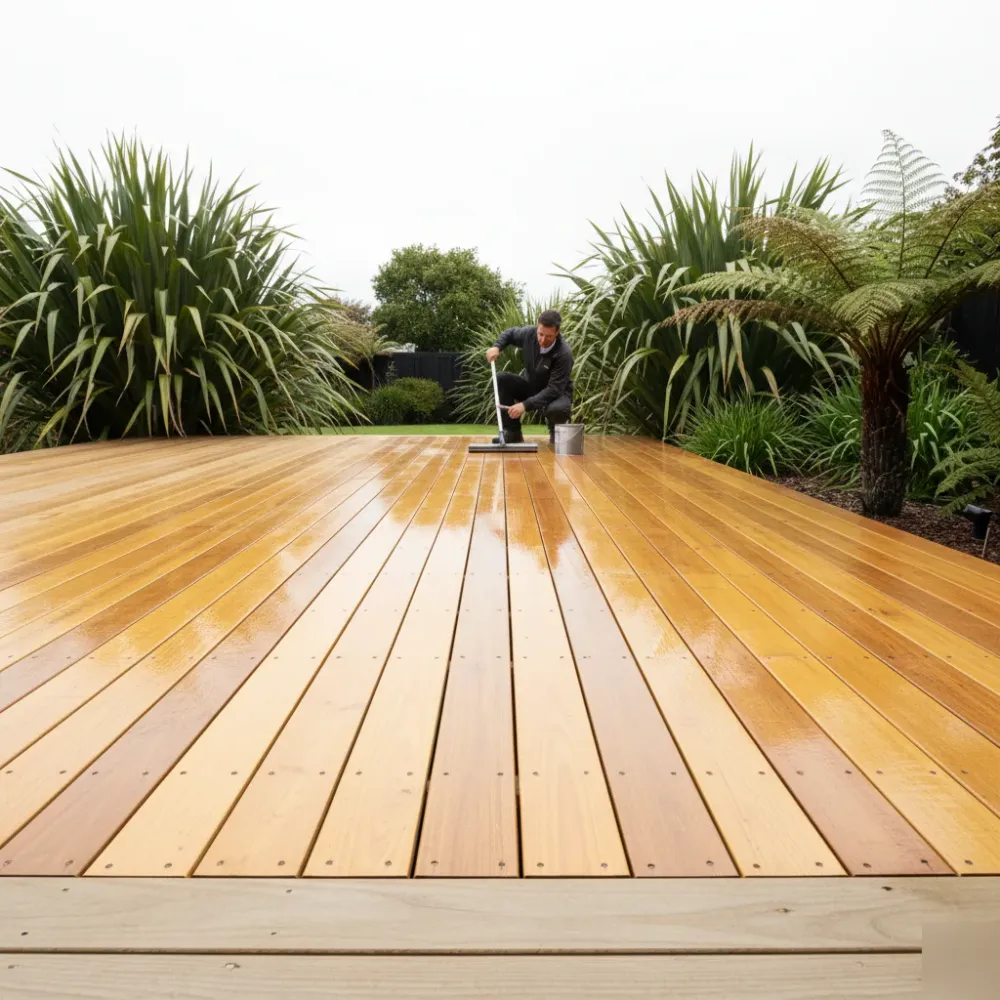 Freshly oiled amber timber deck in an Auckland garden, with a person applying the final coat of penetrating deck oil using a