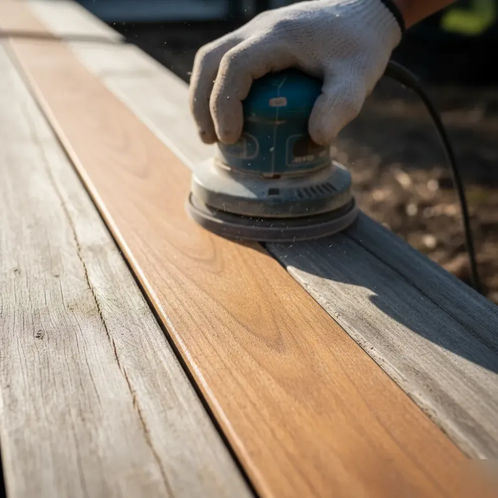 Gloved hand pressing an orbital sander against a kwila deck board, revealing fresh amber timber grain beside weathered grey