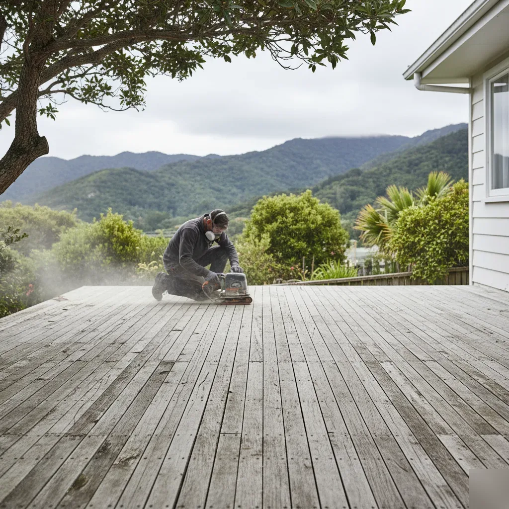 Person sanding a weathered grey timber deck with a belt sander beneath an overcast Auckland sky, with native bush in the