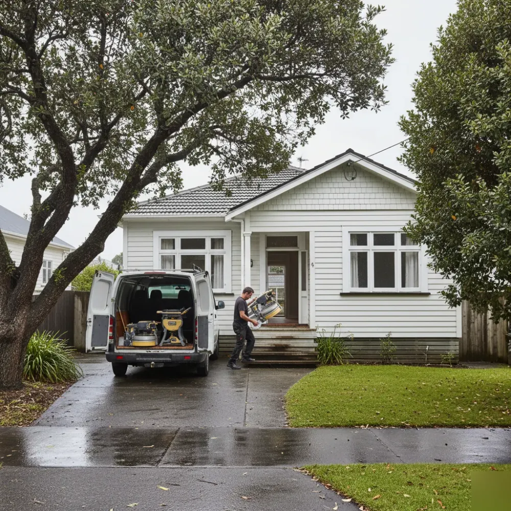 Person carries a drum floor sander up the front steps of a weatherboard Auckland bungalow beneath an overcast sky.
