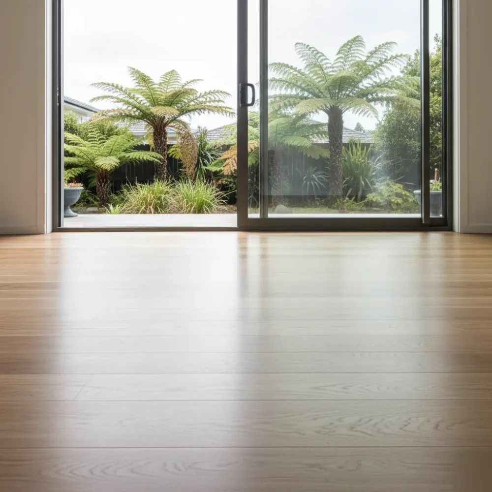 Freshly finished engineered timber floor reflects diffused daylight in an Auckland home with native tree ferns visible t.