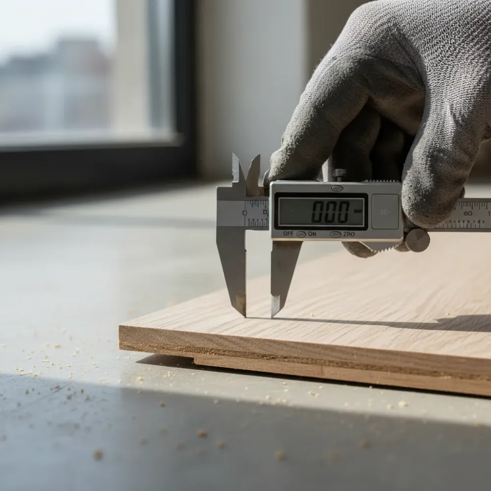 Gloved hand holds steel callipers against the edge of an engineered timber board, measuring the hardwood wear layer thic.