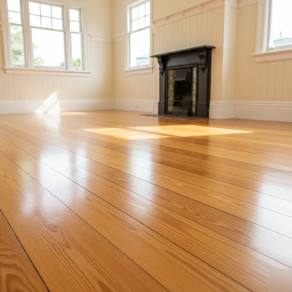 Freshly sanded and oil-finished Kauri floorboards gleaming in afternoon light inside an Auckland villa living room.