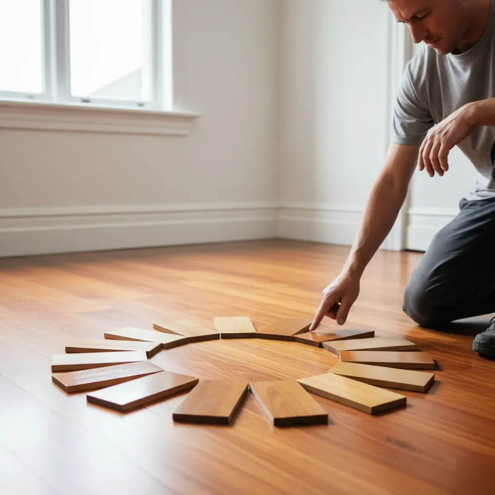 Person crouches over timber finish sample boards on a sanded rimu floor inside an Auckland home, comparing matte, satin,.