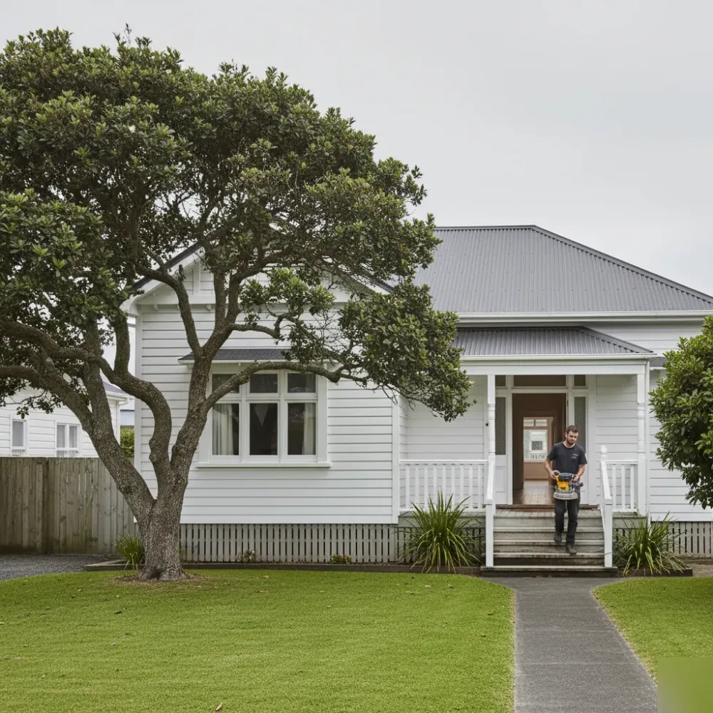 Person carries a floor edger sander up the front steps of a weatherboard Auckland villa with a pohutukawa tree nea.