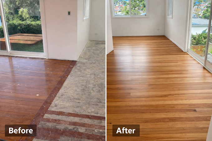 Before and after floor sanding and polishing in Auckland