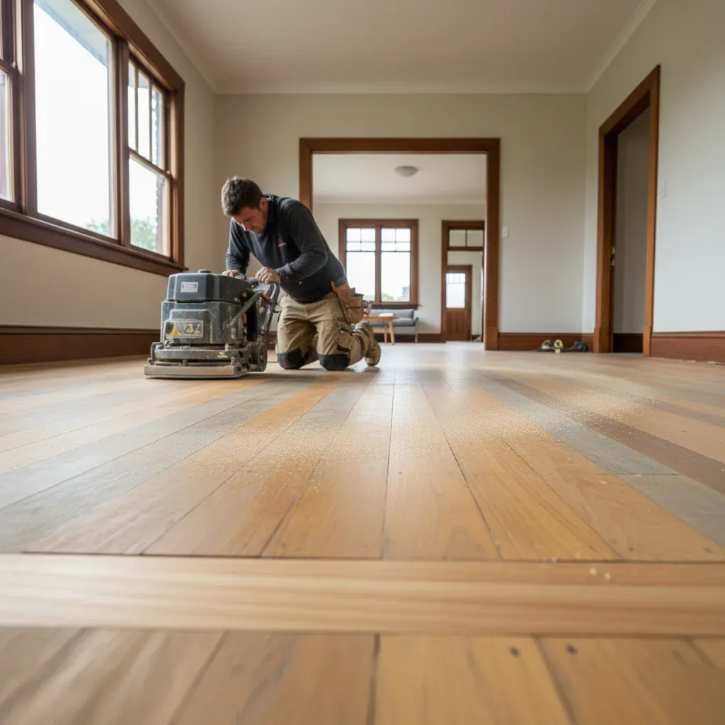 A person pushes a drum floor sander across worn rimu timber boards inside an Auckland villa during residential floor sanding.