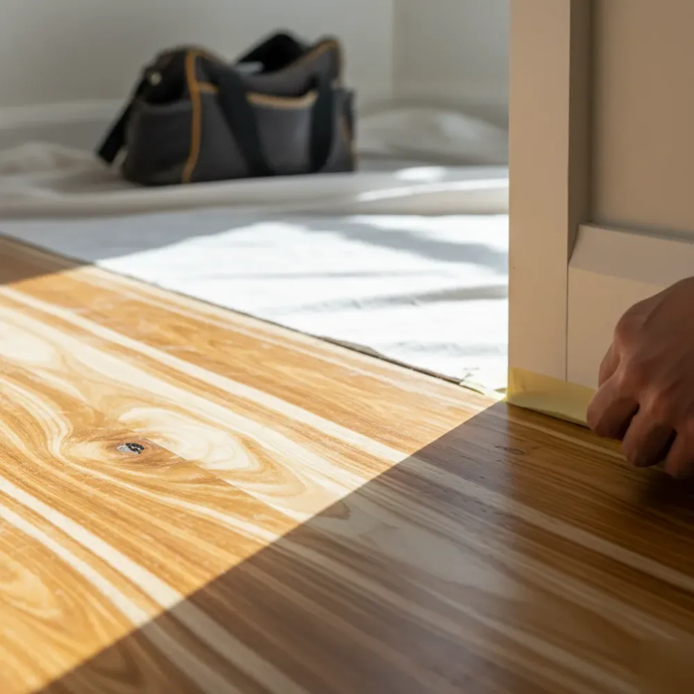 Hand applies painter's tape along a skirting board edge on a kauri timber floor before sanding begins inside an Auckland.