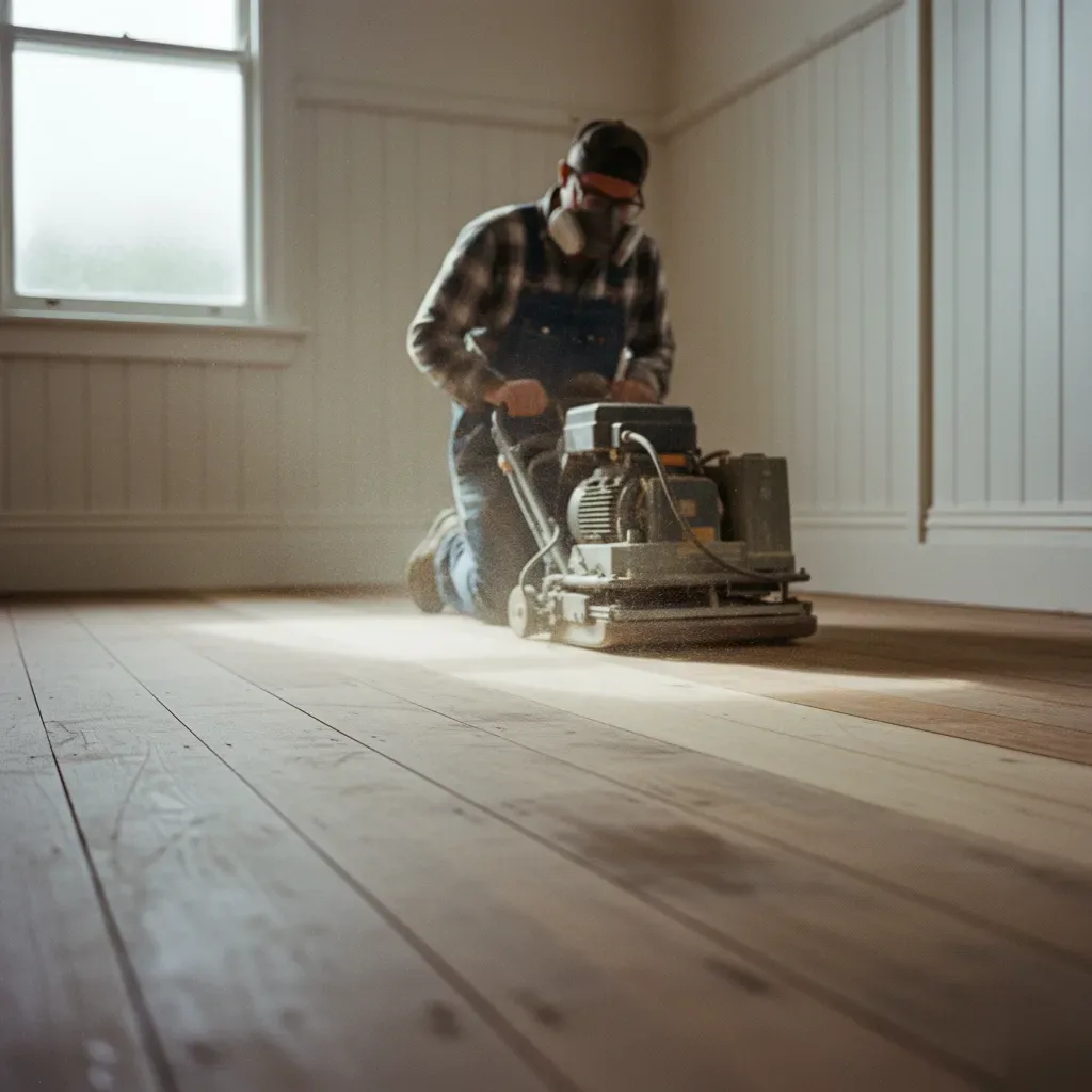 Sanding rimu timber floors with a drum sander in an Auckland villa