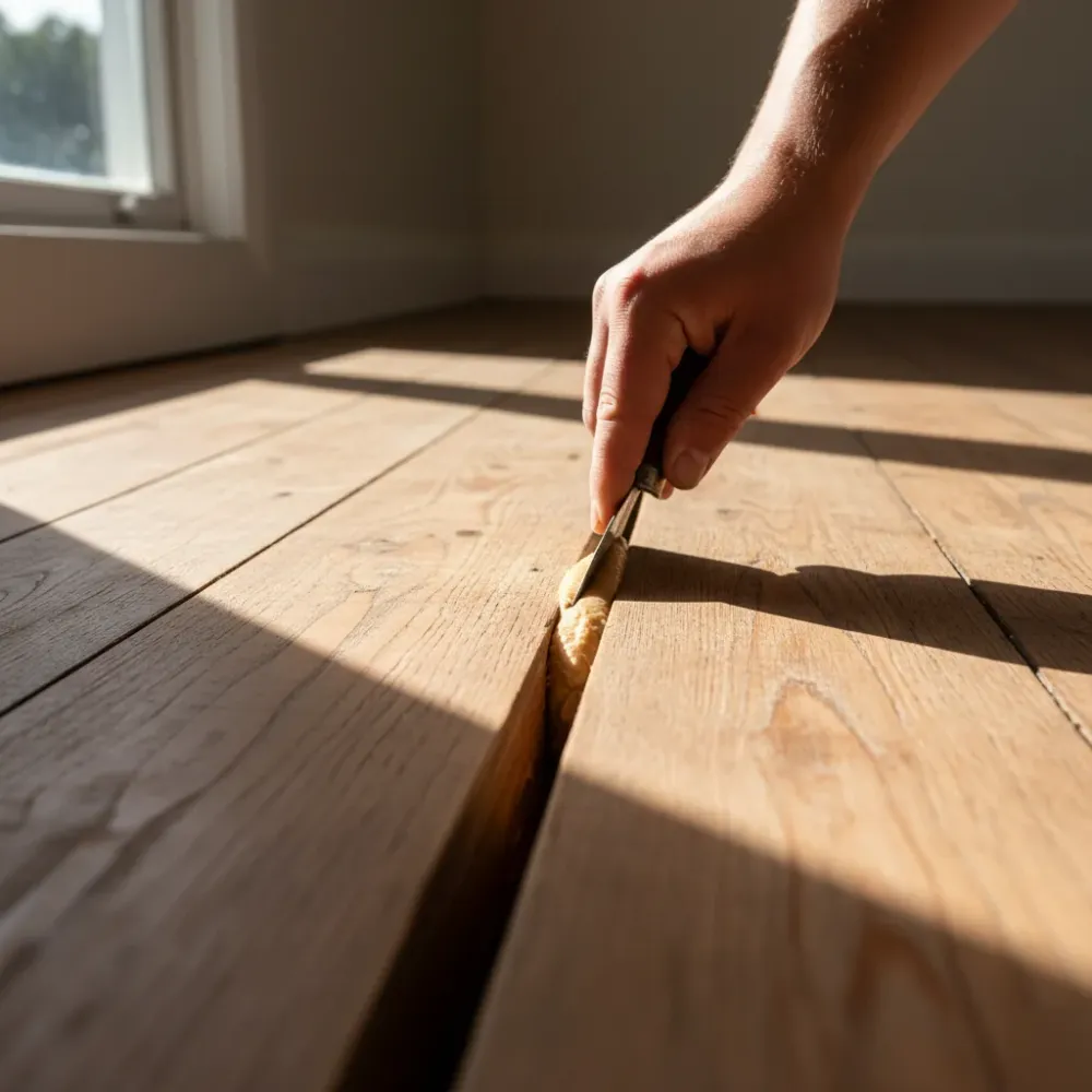 Person pressing flexible gap filler into a wide gap between two Rimu floorboards using a putty knife at floor level.