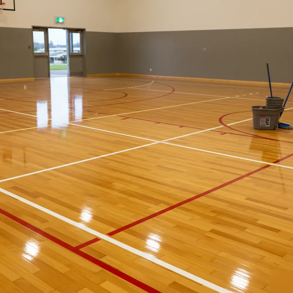 Freshly polished Auckland gym floor with glossy amber maple surface and sharp white court lines after sanding.