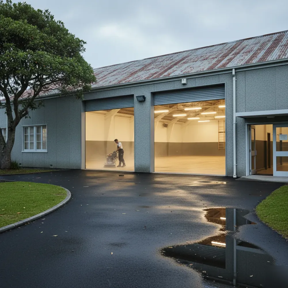 Auckland school gymnasium exterior with roller doors open showing a worker buffing the timber floor inside.