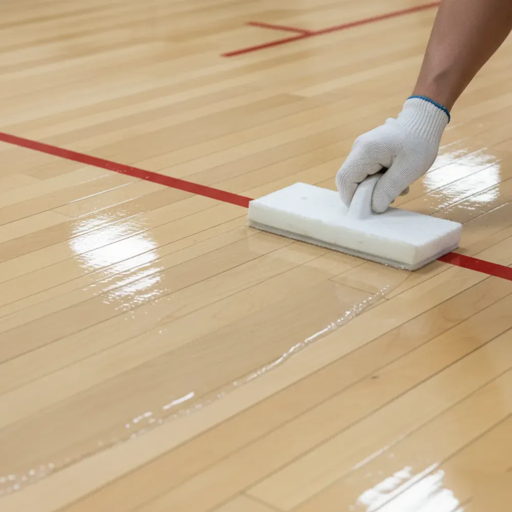 Hand applying clear polyurethane finish to a gymnasium timber floor with an applicator pad during court restoration.