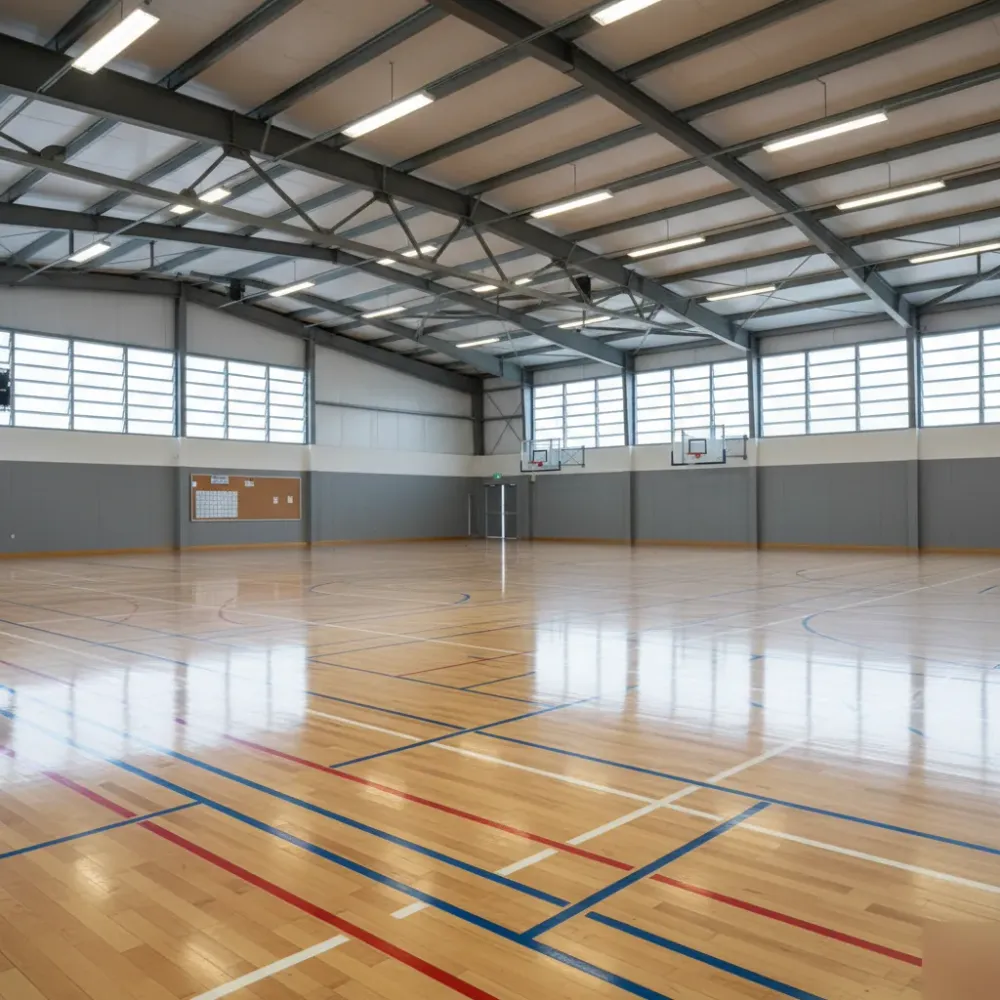 Empty Auckland gymnasium with a fully restored glossy maple floor marked with basketball and netball court lines.