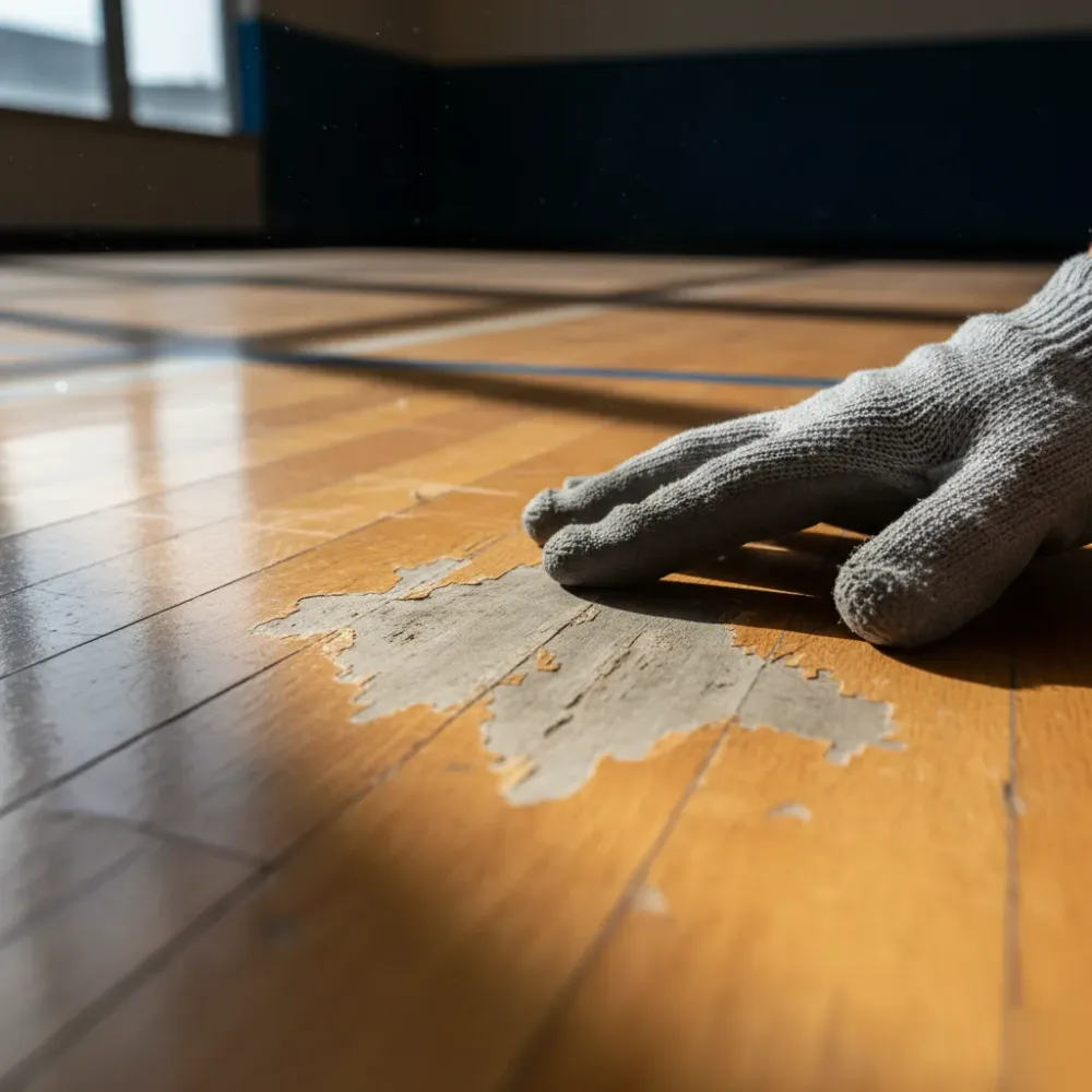 Close-up of a worn gym floor in Auckland showing peeling polyurethane finish and exposed raw timber grain.