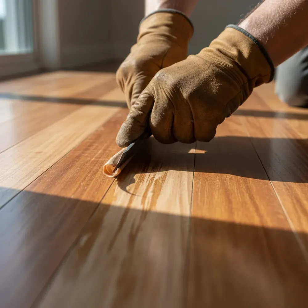 Gloved hands scraping old varnish from a Rimu floorboard with a hand scraper, curl of finish lifting from the grain.