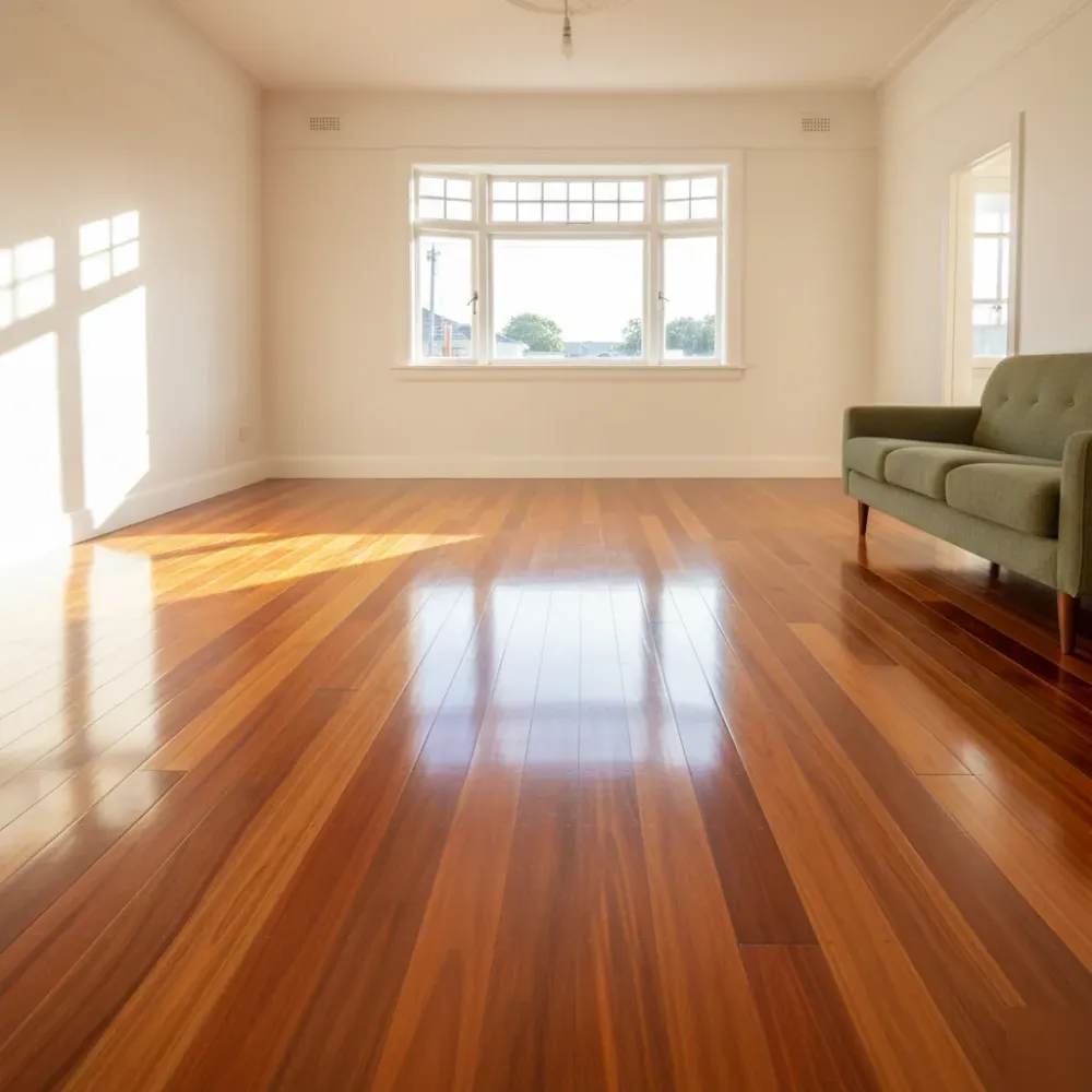 A freshly polished rimu timber floor glows under afternoon sunlight in an Auckland bungalow living room after floor polishing.