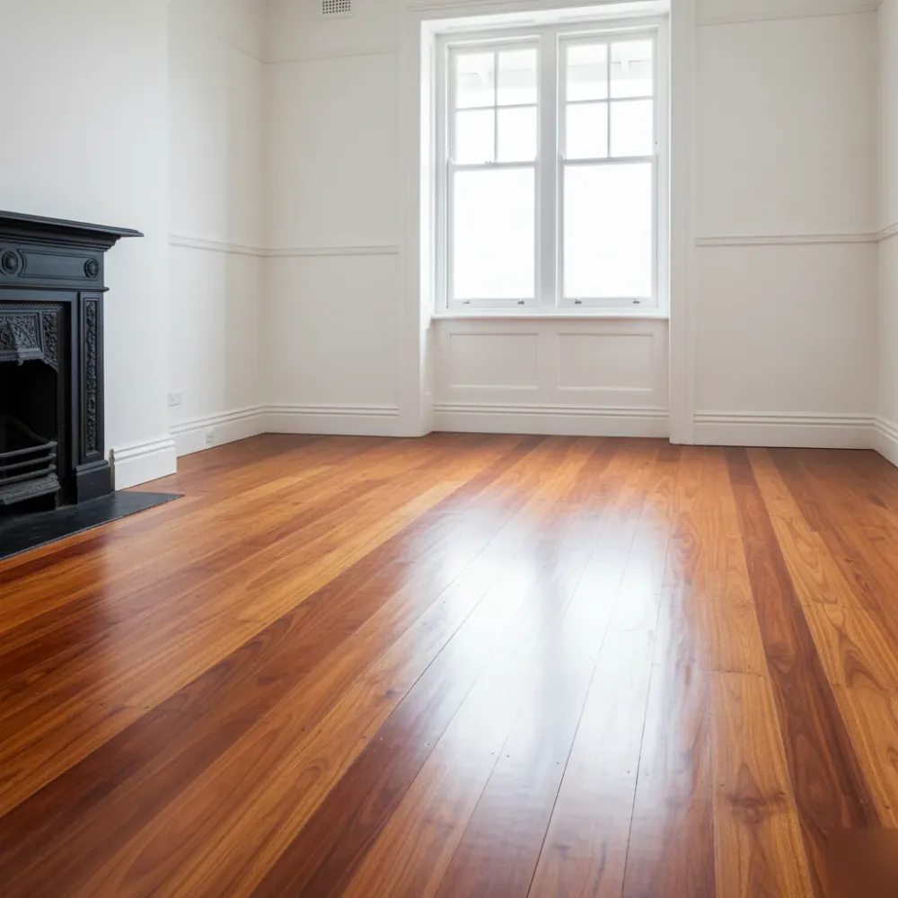 Freshly sanded and oil-finished Rimu floorboards in an Auckland villa sitting room reflecting natural light from a sash window.