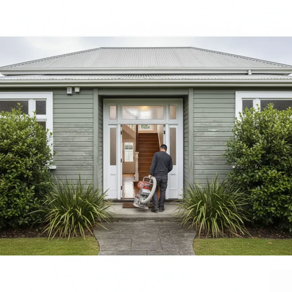 Floor sander carrying a sanding machine into an Auckland weatherboard villa with a timber staircase