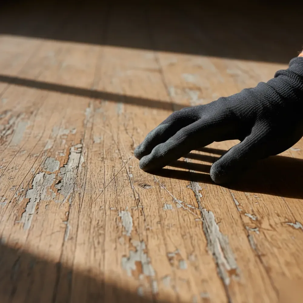 Close-up of a gloved hand pressing against a scratched, dull matai floorboard with flaking polyurethane finish showing wear.