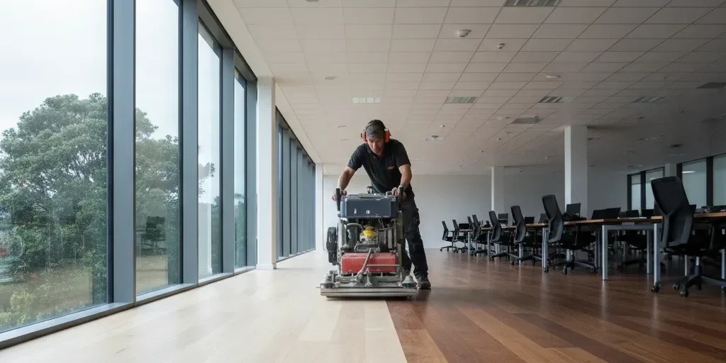 Drum sander on a wide-plank rimu floor in an Auckland office