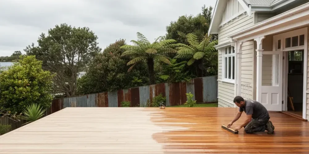 Freshly oiled elevated timber deck on an Auckland weatherboard villa