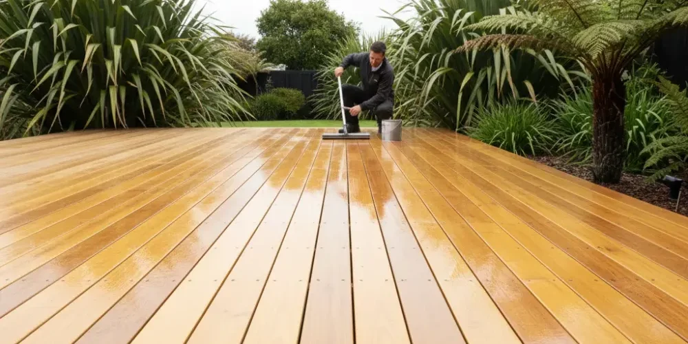A freshly oiled amber timber deck in an Auckland garden, with a person applying the final coat of penetrating deck oil using a long-handled pad.