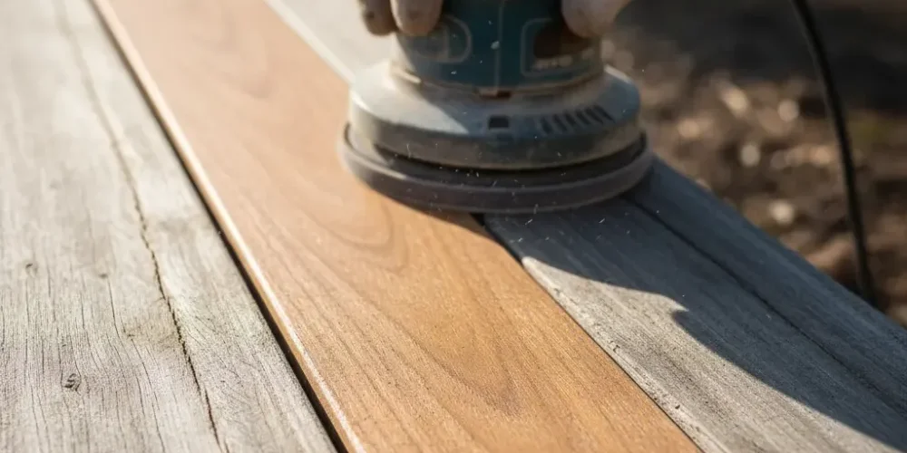 Orbital sander revealing amber kwila grain beside weathered grey timber