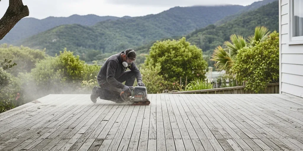 Sanding a weathered grey timber deck with a belt sander in Auckland
