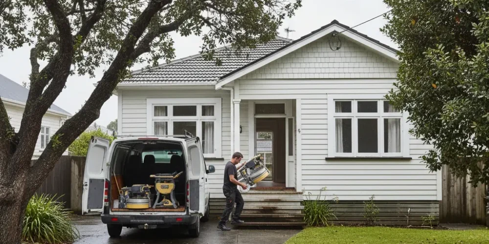 Floor sander carrying a drum sander up the steps of an Auckland bungalow